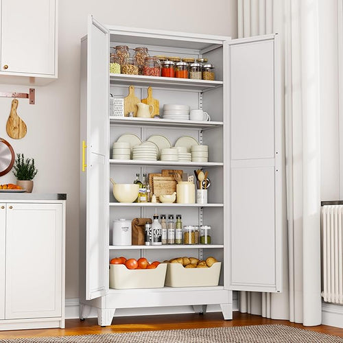 75" Metal Kitchen Pantry Cabinet,White Storage Cabinet with Doors and 5 Adjustable Shelves, Cabinet with 2 Metal Handles,Tall Cabinet for Livingroom,Pantry, Bathroom,Kitchen