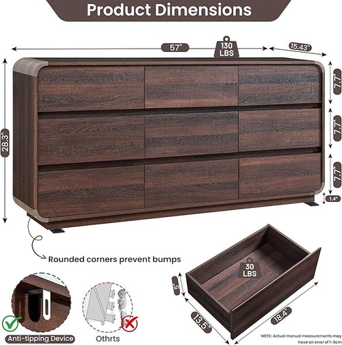 9 Drawer Double Dresser for Bedroom, Modern Curved Wood Chest Drawers of Handleless, Large Storage Dresser Bedroom, Living Room, Entryway, Walnut