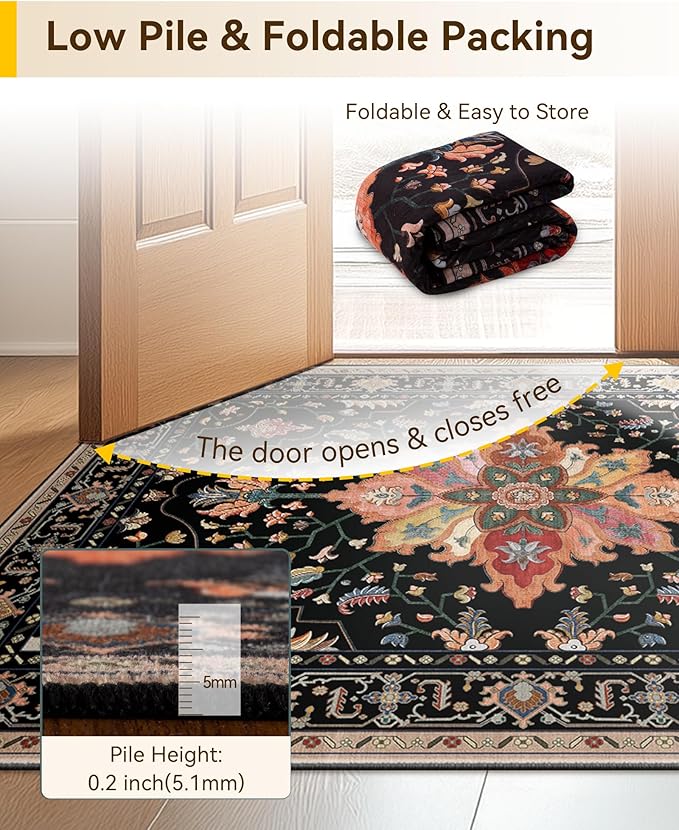 Area Rugs 3'x12' Washable Non-Slip, Floral Vintage Distress Print Pattern Medallion Carpet for Living Room Bedroom Dining Room, Black Colorful Floral Dark Tan