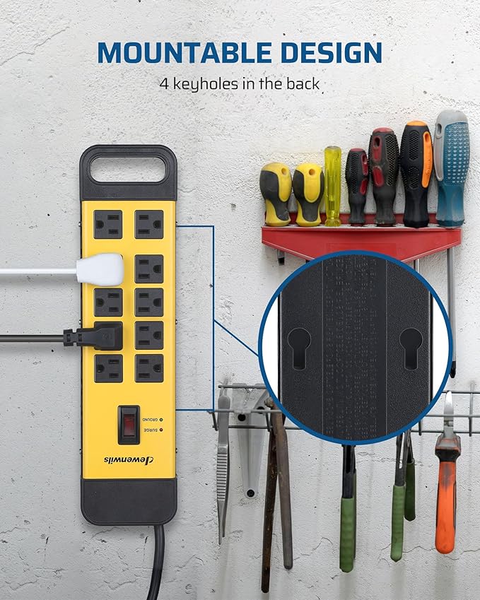 DEWENWILS 10-Outlet Metal Surge Protector Power Strip, UL Listed, 6Ft Cord Flat Plug, 15A Circuit Breaker, 14AWG 1440Joules, Heavy Duty Industrial Power Strip for Garage Workshop, Wall Mountable
