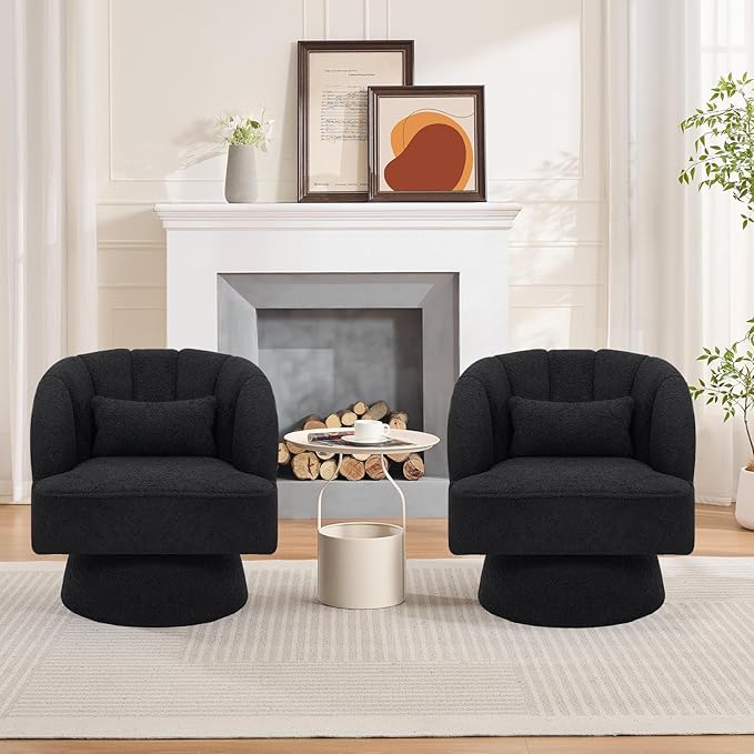 GarveeHome Modern Swivel Barrel Accent Chair, 360° Teddy Fabric Upholstered Armchair with Striped Backrest & Plush Padding, Comfy Round Lounge Chair for Living Room, Bedroom, Reading Nook, Black