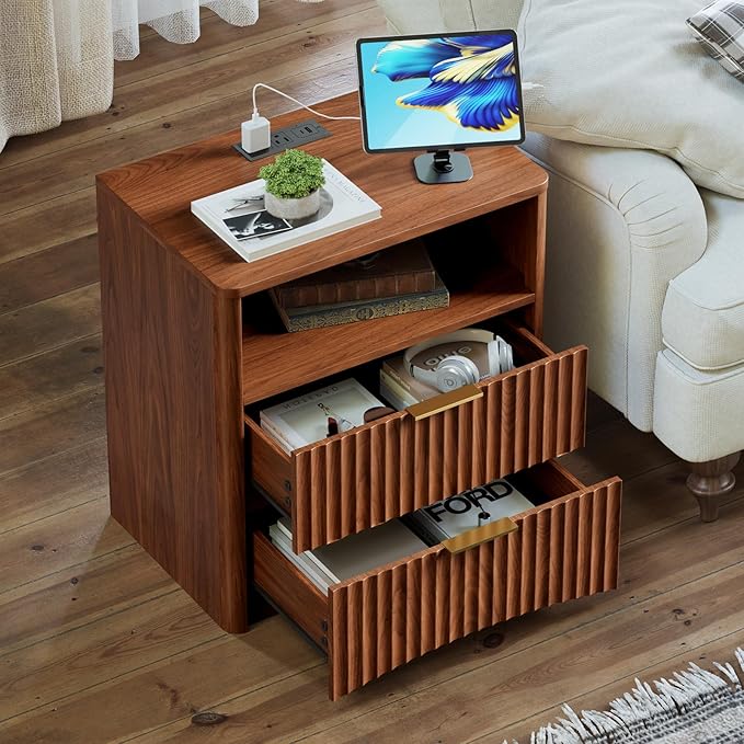Evermagin Fluted Nightstand with Charging Station, Walnut Bedside Table with 2 Drawers, Wood End Table with Storage Mid Century Modern, Large Night Stand for Bedroom