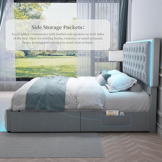 King Led Bed Frame with 2 Drawers, Upholstered Storage Platform Bed Frames with Crystal Button Tufted Headboard, Solid Slats Support, Noise Free, No Box Spring Needed, Velvet Grey