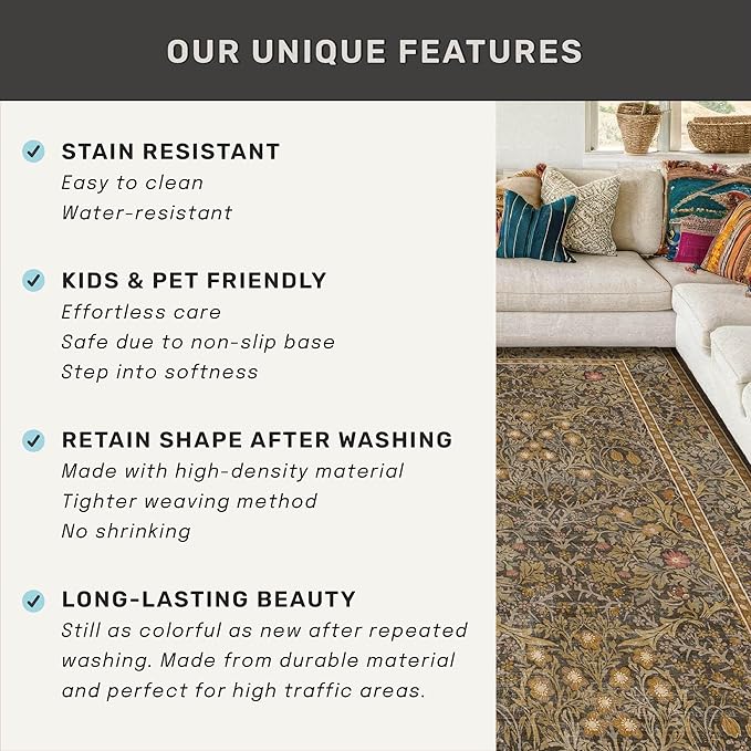 Non Slip 2x7 Gold Brown Kitchen Runner - Washable Long Runner Rugs for Bathroom, Hallway, Indoor Floor Mat, Bedroom Bedside - Brown Earthy Vintage Floral Décor