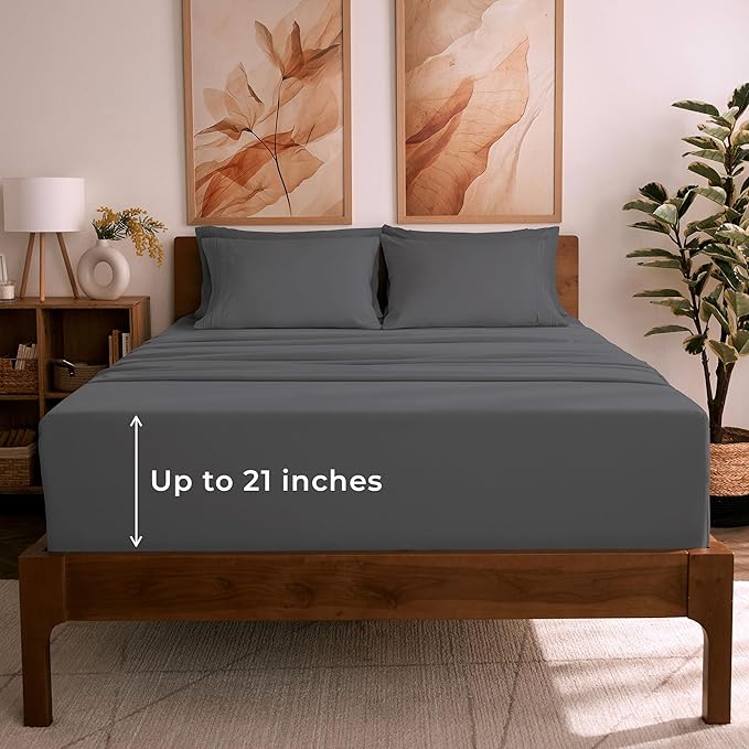 Mellanni California King Sheet Set - 6-Piece Iconic Collection Bedding, (Including 4 Pillowcases), 21-Inch Extra Deep Pocket, Easy Care, Ultra Soft, Cooling Sheets, Brushed Microfiber - Gray