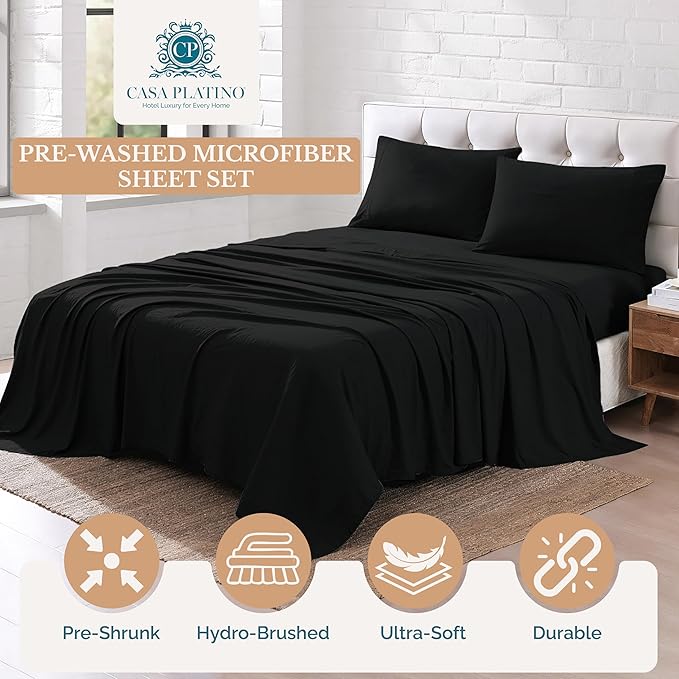 Casa Platino King Bedding Sheet Set – 4 Piece Set, Pre-Washed Brushed Microfiber, Deep Pocket Fitted Sheet for 15" Mattress, Ultra Soft & Breathable Cooling Fabric, Elegant Fit - Black Color