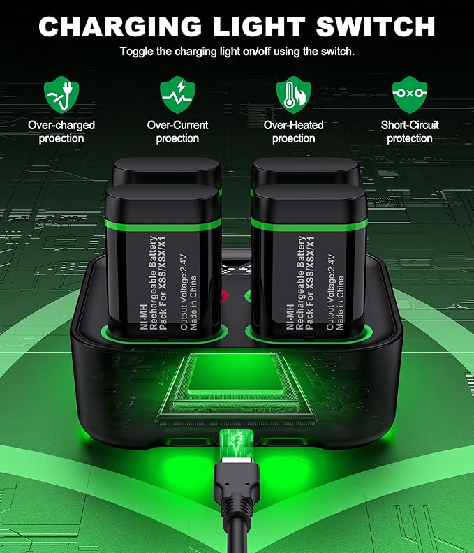 DINOSTRIKE Charger with 4x4800mWh Rechargeable Battery Pack for Xbox One/Xbox Series X|S Controllers, X-Series X Controller Battery Charging Station for X1/ S/X/Elite(4 Packs)