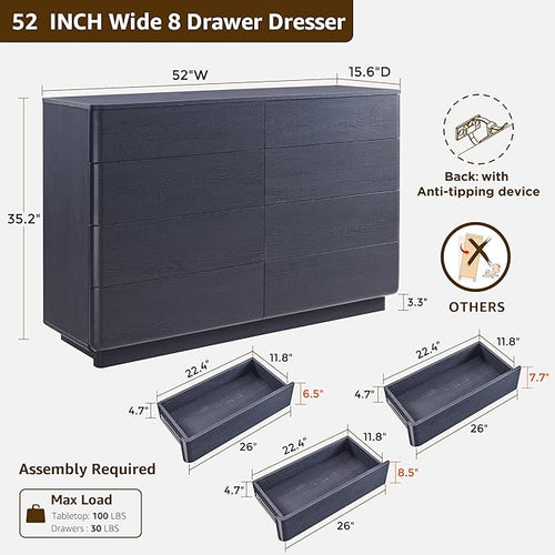 ACCOHOHO 8 Drawer Dresser for Bedroom, 52 Inch Wide Modern Chest of Drawers, Push-to-Open Wood Storgae Organizer with Large Drawers for Bedroom, Living Room, Hallway, Black
