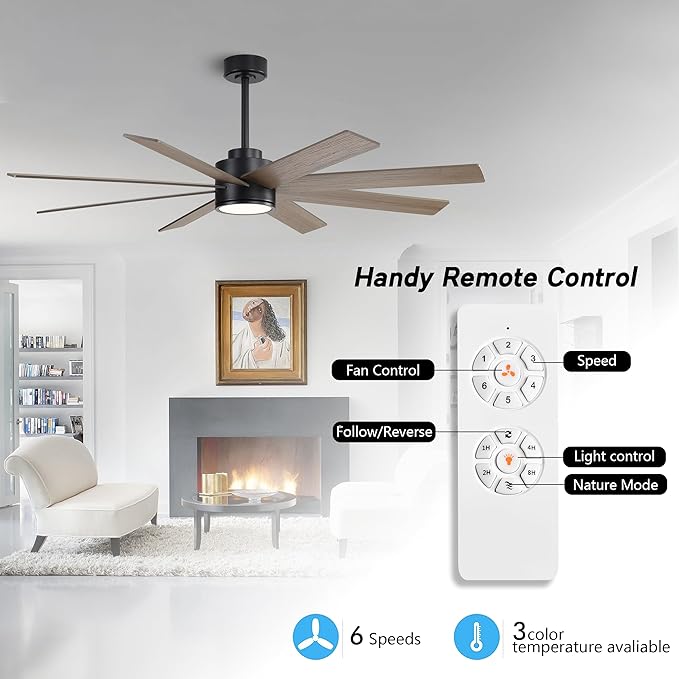 WINGBO 72" Large DC Ceiling Fans with Lights and Remote, 3 Downrods, 8 Plywood Blades, 6-Speeds Reversible DC Motor, 3CCT, Indoor Ceiling Fan for Bedroom Living Room Patio, Black and Gray