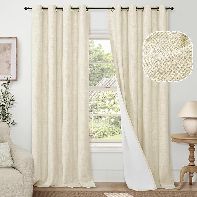 Cream Blackout Curtains for Living Room 90 Inch Length 2 Panels Set, Thermal Insulated Light Blocking Faux Linen Curtains for Bedroom, Bronze Grommet Boho Window Drape Each 52" Wide