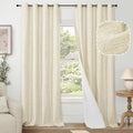 Cream Blackout Curtains for Living Room 90 Inch Length 2 Panels Set, Thermal Insulated Light Blocking Faux Linen Curtains for Bedroom, Bronze Grommet Boho Window Drape Each 52" Wide
