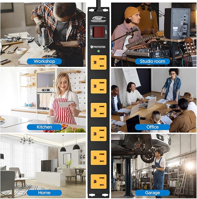 CRST 2Pack 6 Outlet Surge Protector Power Strip 2100J with Switch, 15A/1875W Heavy Duty Mountable Power Strip, Wide Spaced Power Bar for Garage Workspace Home School, 6 FT Cord（ Black+Yellow）