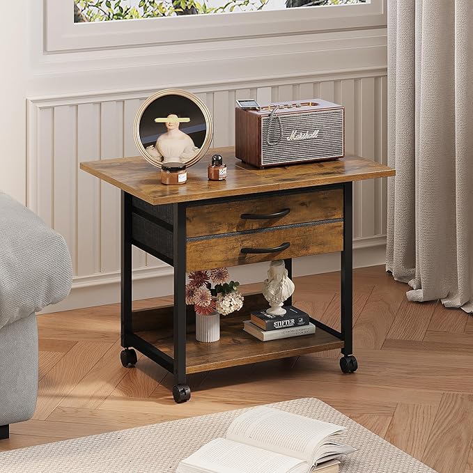 VENNQD Large Printer Stand with Storage Fabric Drawer Under Desk Printer Table with Wheels for Home Office, Printer Cart fit Fax Machine Scanner 23.4"x15.7"(Rustic Brown, 2 Tiers)