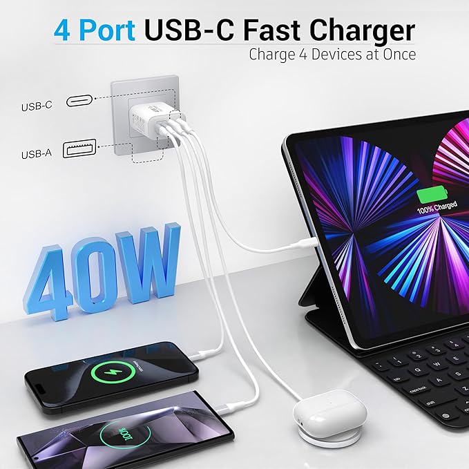 USB C Charger Block, 40W 4 Ports USB-C Wall Charger Plug Fast Charging, for iPhone Charger, QC Multiport Adapter, USB A Type C Box Brick Cube for iPhone 17 16 15 14 13 12 Pro Max, Samsung Galaxy
