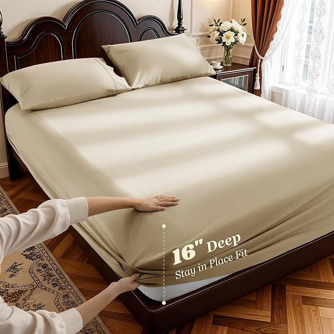 LBRO2M 1000 Thread Count 100% Egyptian Cotton Sheets Set Queen Size, 4 Piece Sets Bed Sheet Deep Pocket Sheet Set 16" Soft Comfortable All Season (Queen, Linen)