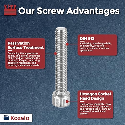 Kozelo 2pcs Socket Head Cap Screws - [M12-1.75 x 65mm] 304 Stainless Steel Allen Socket Drive for Electrical Motor 3D Printing Fan Engine Replacement Use, Silver