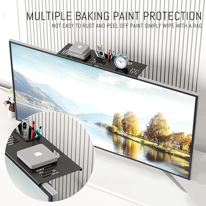 Adjustable Steel TV Top Shelf, Floating TV Stand with Storage Boxes, Universal Monitor Shelf for Soundbar, Game Console, Cable Box, Router Shelves and Home Accessories