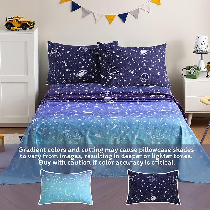 JSD Gradient Blue Moon Stars Kids Sheet Set Twin Size, 3 Piece Space Theme Microfiber Sheets Deep Pocket