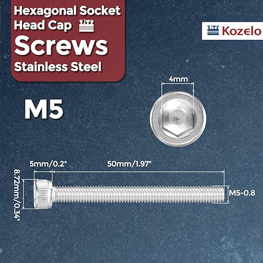 Kozelo 20pcs Socket Head Cap Screws - [M5-0.8 x 50mm] 304 Stainless Steel Allen Socket Drive for Electrical Motor 3D Printing Fan Engine Replacement Use, Silver