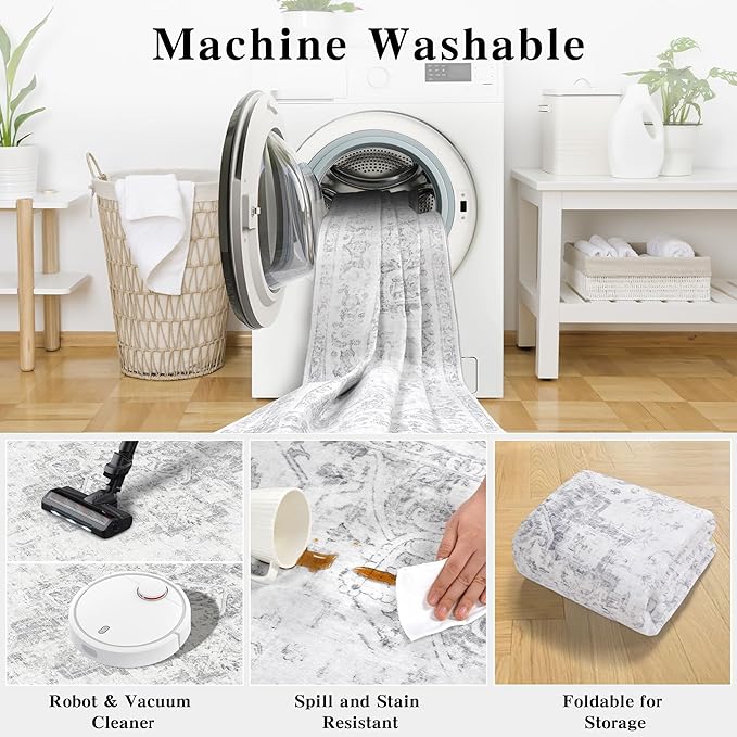 5x7 Vintage Washable Area Rugs Boho Medallion Large Distressed Retro Accent Carpet Floral Non-Slip Soft Low Pile Indoor Throw Rug for Living Room Bedroom Dining Room Office Kitchen, Gray