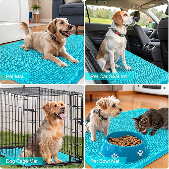OLANLY Dog Door Mat for Muddy Paws 24x16, Absorbs Moisture and Dirt, Absorbent Non-Slip Washable Doormat, Quick Dry Chenille Mud Mat for Dogs, Entry Indoor Entryway Carpet for Inside Floor, Aqua Blue