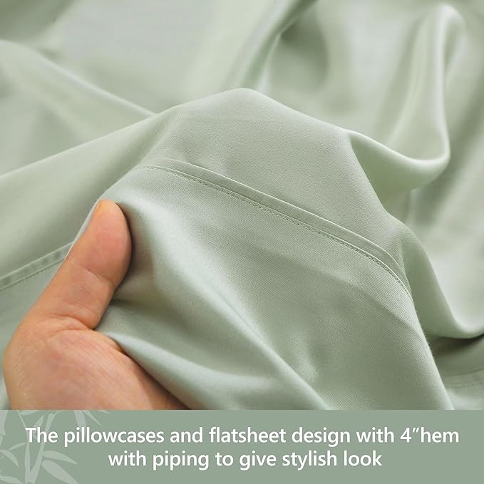 Linen World Cooling Bed Sheets Set Queen Size,100% Organically Grown Viscose Sheets,Deep Pocket Up to 16",4 Pieces Silky Soft,Breathable Bedding Sheets & Pillowcases(Sage Green,Queen)