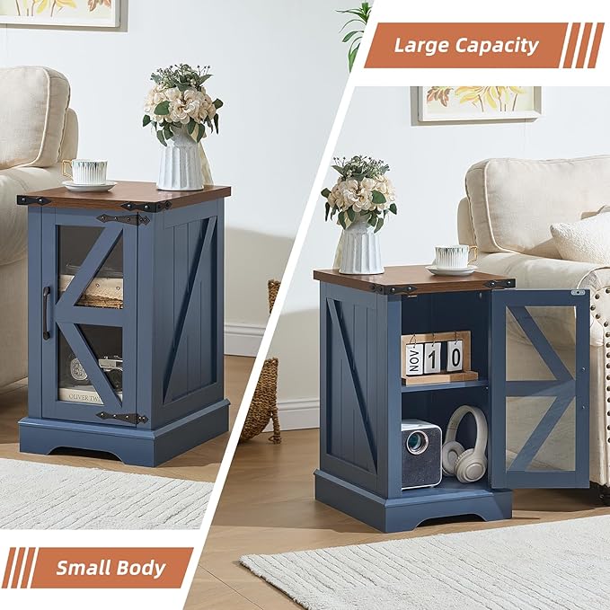 Farmhouse End Table Set 3, Narrow 18'' Night Stand with Glass Barn Door, 24" Square Side Table with Charger Station, Living Room Furniture Sets, Wood Nightstand Bedside Tables for Bedroom