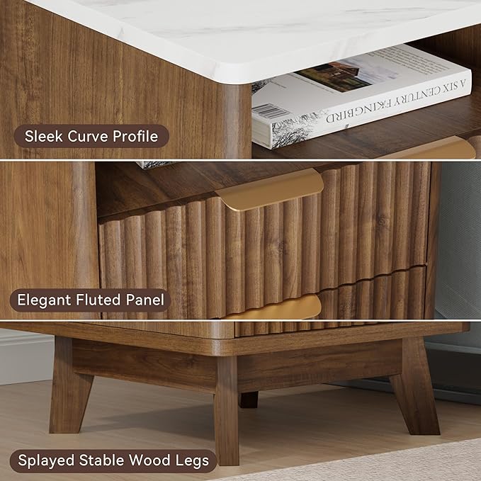 Fluted Nightstand with 2 Drawers, 18" Modern Night Stand with Faux Marble Top, Open Storage Shelf, Curved Edge Bedside Table for Bedroom, End Side Table (2, Walnut)