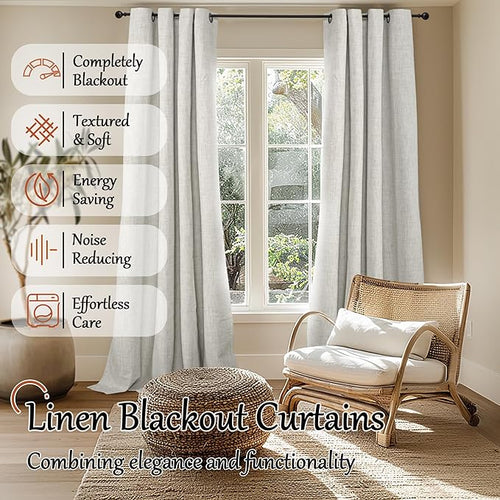 100% Blackout Curtains for Living Room 84 Inch Length 2 Panels Set, Thermal Insulated Light Blocking Boho Faux Linen Window Curtains for Bedroom, Bronze Grommet, Each 52" Wide, Light Grey
