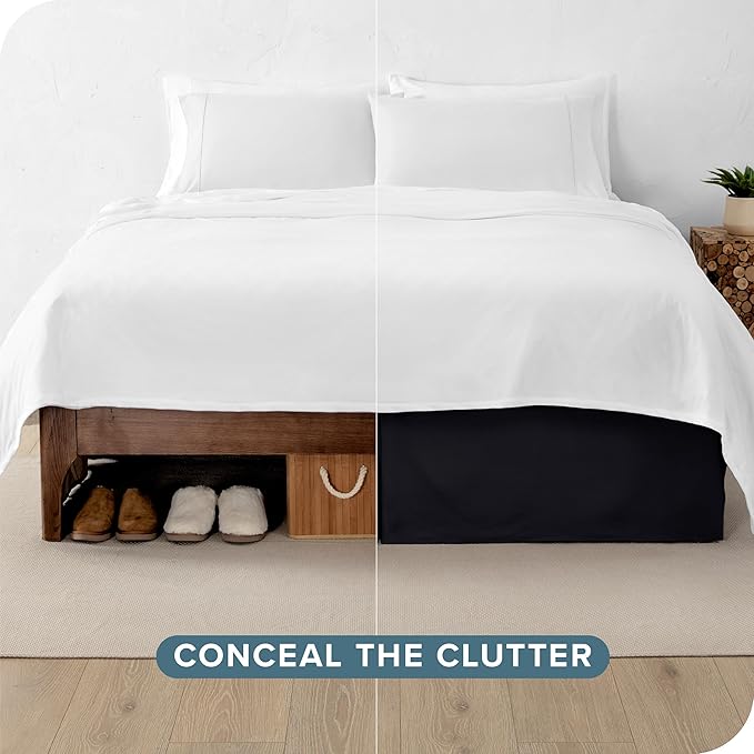 Bare Home Queen Bed Skirt - 15-Inch Tailored Drop Easy Fit - Bed Skirt for Beds - Center & Corner Pleats (Queen, Black)