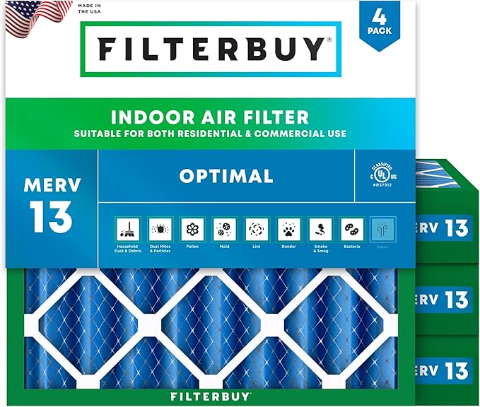 Filterbuy 19.5x19.5x4 Air Filter MERV 13 Optimal Smoke & Allergy Defense (4-Pack), Electrostatic Pleated HVAC AC Furnace Filters Replacement, Made in USA (Actual Size: 19.50 x 19.50 x 3.63)