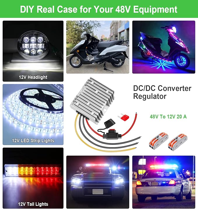 EAGWELL 48V to 12V DC Converter 20A 240W Waterproof Voltage Regulator - Step Down Power Converter for Golf Cart, RV, Truck, Boat - with Fuse Protection (36V/48V Input, 12V Output)