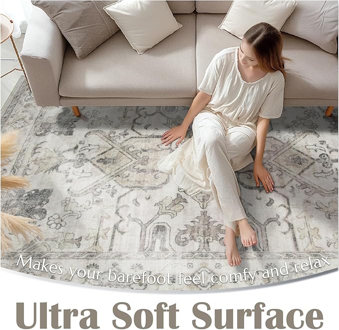 jinchan 6x9 Area Rugs for Living Room Washable Soft Throw Rug Ultra-Thin Stain Resistant Non-Slip Distressed Vintage Floral Large Carpet for Bedroom,Dining Room,Home Office,Nursery (6x9ft,Taupe)