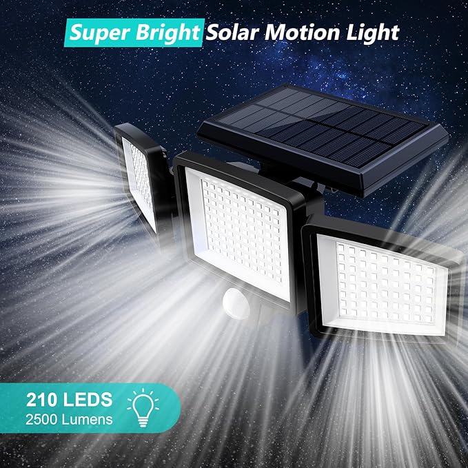 Tuffenough Solar Outdoor Lights 2500LM 210 LED Security Lights with Remote Control,3 Heads Motion Sensor Lights, IP65 Waterproof,270° Wide Angle Flood Wall Lights with 3 Modes(3 Packs)