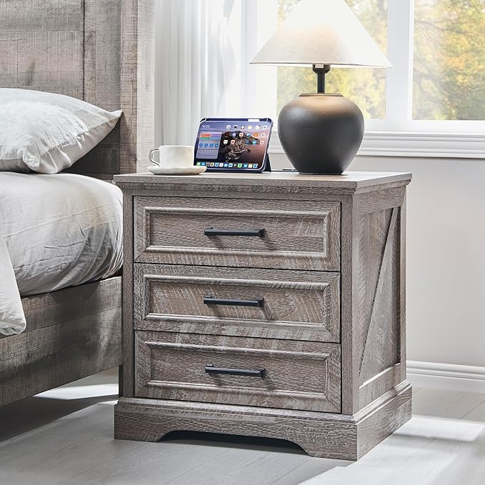 ACCOHOHO Farmhouse Nightstands Set of 2, 22 Inch Wide End Table with Charging Station & 3 Large Drawers, Rustic Wood Small Dresser Chest of Drawers for Bedroom, Living Room, Grey