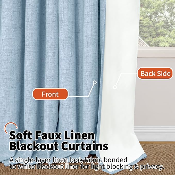 Baby Blue Linen Blackout Curtains for Nursery 40 Inch Length 2 Panels, Short Thermal Insulated Boho Total Black Out Noise Reducing Small Window Curtains for Kids Bedroom, Each 38 Inch Wide