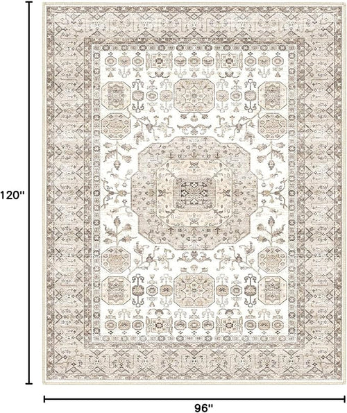 8x10 Area Rug Washable Living Room Carpet Bedroom Rug, Retro Accent Throw Distressed Rug, Easy Cleaning (Cream Beige)