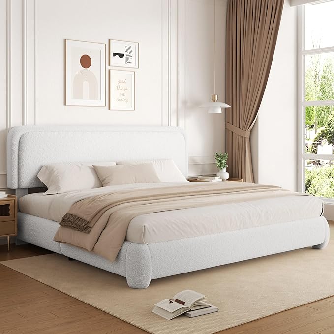 Queen Size Boucle Platform Bed Frame, Upholstered Cloud with Adjustable Headboard, Anti-Collision Soft Rounded Corners, No Box Spring Required, Easy Assembly, Noise Free