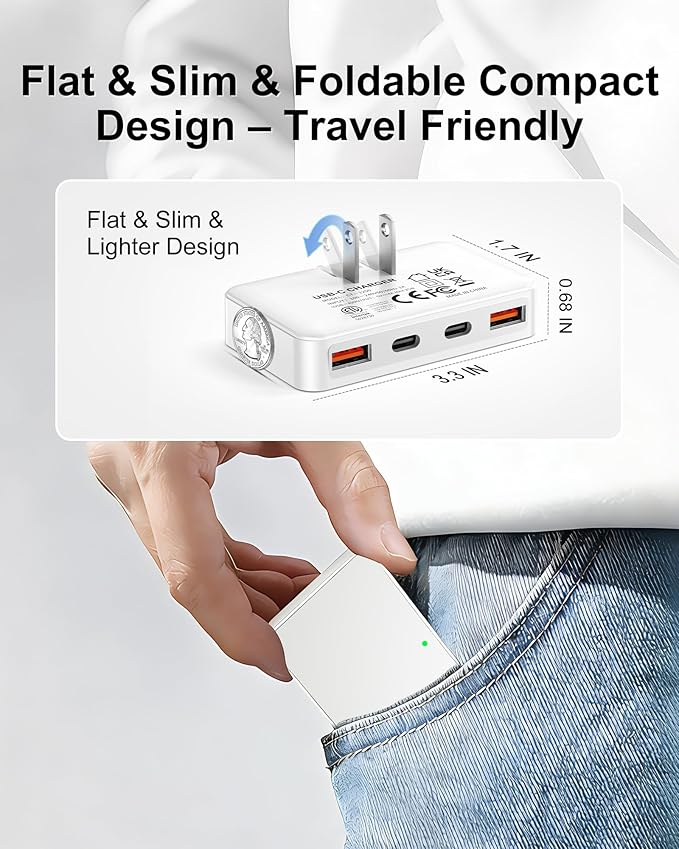 KWRNVO Flat USB Wall Charger 4 Ports Slim 35W USB-C/A Flodable Plug Fast Charging Block for iPhone 8/9/10/11/12/13/14/15 Multiport Power Charging Adapter for ipad and Galaxy Series S8-10 White