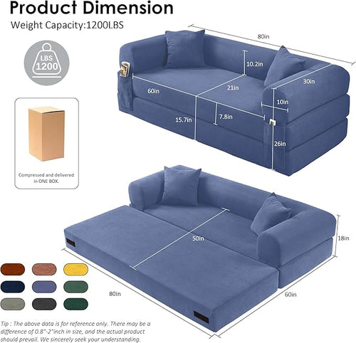 80" Convertible Sofa Bed, 3-in-1 Corduroy Folding Pull Out Couch with Pillows, No Assembly Modern Boneless Couch Compression Sofa in Box, Floor Sofa with Side Storage for Living Room,Dark Smog Blue