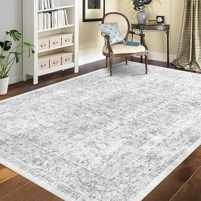 vivorug 5x7 Area Rugs - Ultra-Thin Washable Rug with Non-Slip Backing, Ideal for Living Room, Bedroom, Dining Room Indoor - Vintage, Easy Clean, Durable, Low Pile Rug Grey
