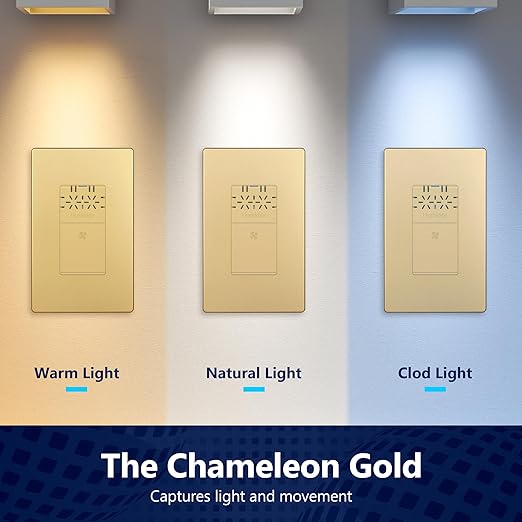 LIDER No Neutral Wire Required Humidity Sensor Switch, Automatic Humidity Detection, Air Circulator, Bathroom Fan Automated Control, Adjustable Timing, 1-Pole, Gold, Screwless Wall Plate Included