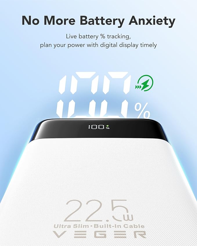 VEGER Portable Charger with Built in Cable, 10000mAh 22.5W Fast Charging USB C Battery Pack, 4 Outputs 3 Inputs Power Bank for iPhone 16/15/14/13 Series, iPad, Samsung, Android, Tablet, White(1 Pack)
