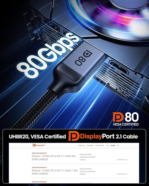 Silkland 80Gbps DisplayPort 2.1 Cable 5FT [VESA Certified], [8K@240Hz, 4K@540Hz 360Hz 240Hz] DP 2.1 Cable, HDR HDCP DSC 1.2a Display Port Cord Compatible FreeSync G-Sync Gaming Monitor 4090 7900XTX