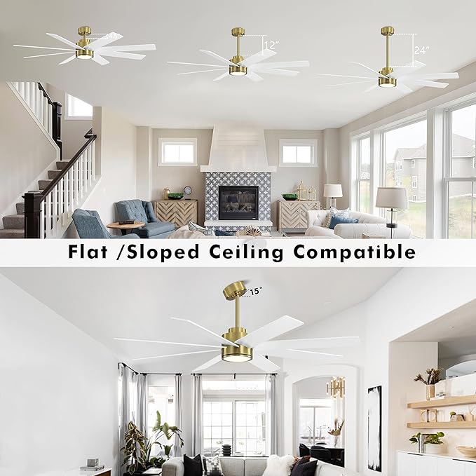 WINGBO 60" Large DC Ceiling Fans with Lights and Remote, 3 Downrods, 8 Plywood Blades, 6-Speeds Reversible DC Motor, 3CCT, Indoor Ceiling Fan for Bedroom Living Room Patio, Brass and White