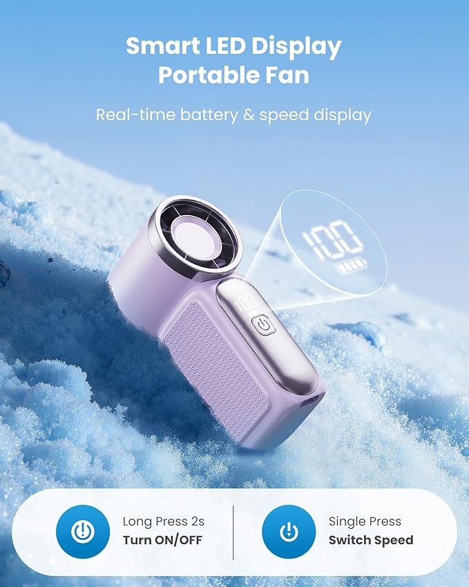 Gaiatop Portable Handheld Mini Fan, 6 Speeds 16900 RPM High Velocity Personal Fan with LED Display, USB Rechargeable, Mini Fan with Lanyard for Makeup, Travel, Outdoor, Gift for Women Girl, Purple