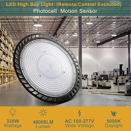 ACOHOOK Smart 320W LED High Bay Light with Motion Sensor, 48000lm (Eqv.1200W MH/HPS) High Bay LED Shop Light 100-277V Commerical Grade UFO Lights（Remote Buy Separate）