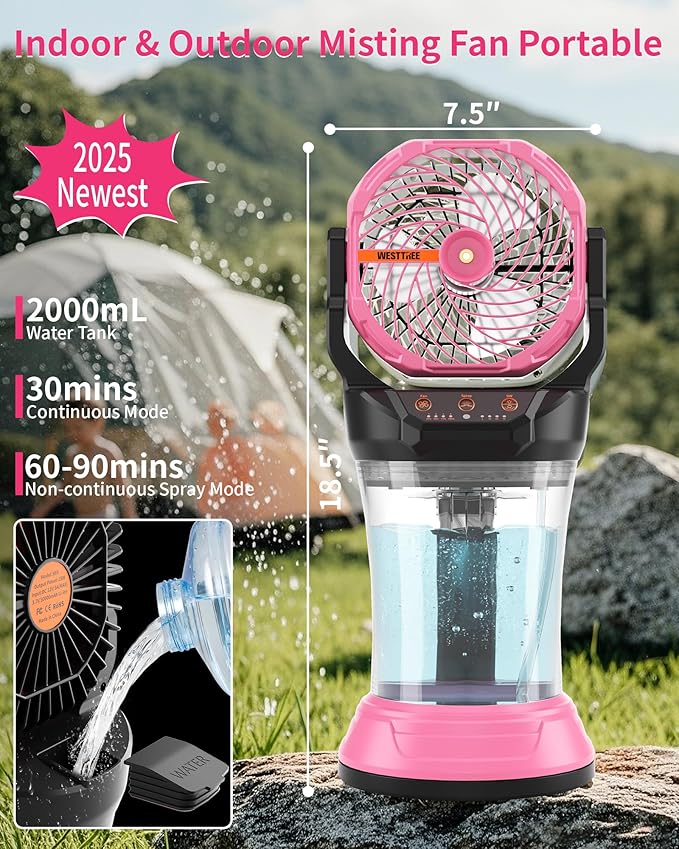 WESTTREE Portable Misting Fan with Large Battery Fan-Rechargeable Outdoor Misting Cooling Fans with 2L Water Tank,RGB Lights,4 Speeds & Spray Modes-for Patio, Camping, Beach, Workshop (Pink)