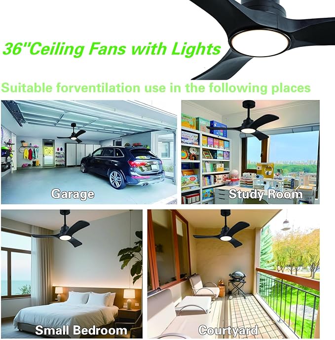 Gaizw 36 Ceiling Fans with Lights,Small Ceiling Fan with Light and Remote Control Reversible 3CCT Dimmable, Noiseless Ventilation Fan,Wooden 3 Blade Ceiling Fan for Bedroom Indoor Outdoor(Black Fan)