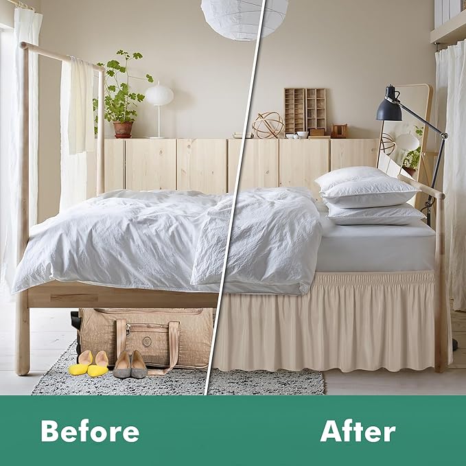 Biscaynebay Wrap Around Bed Skirts with Split Corners for King Beds 18" Drop, Light Camel Adjustable Elastic Dust Ruffles Easy Fit Wrinkle Resistant Silky Luxurious Fabric Machine Washable